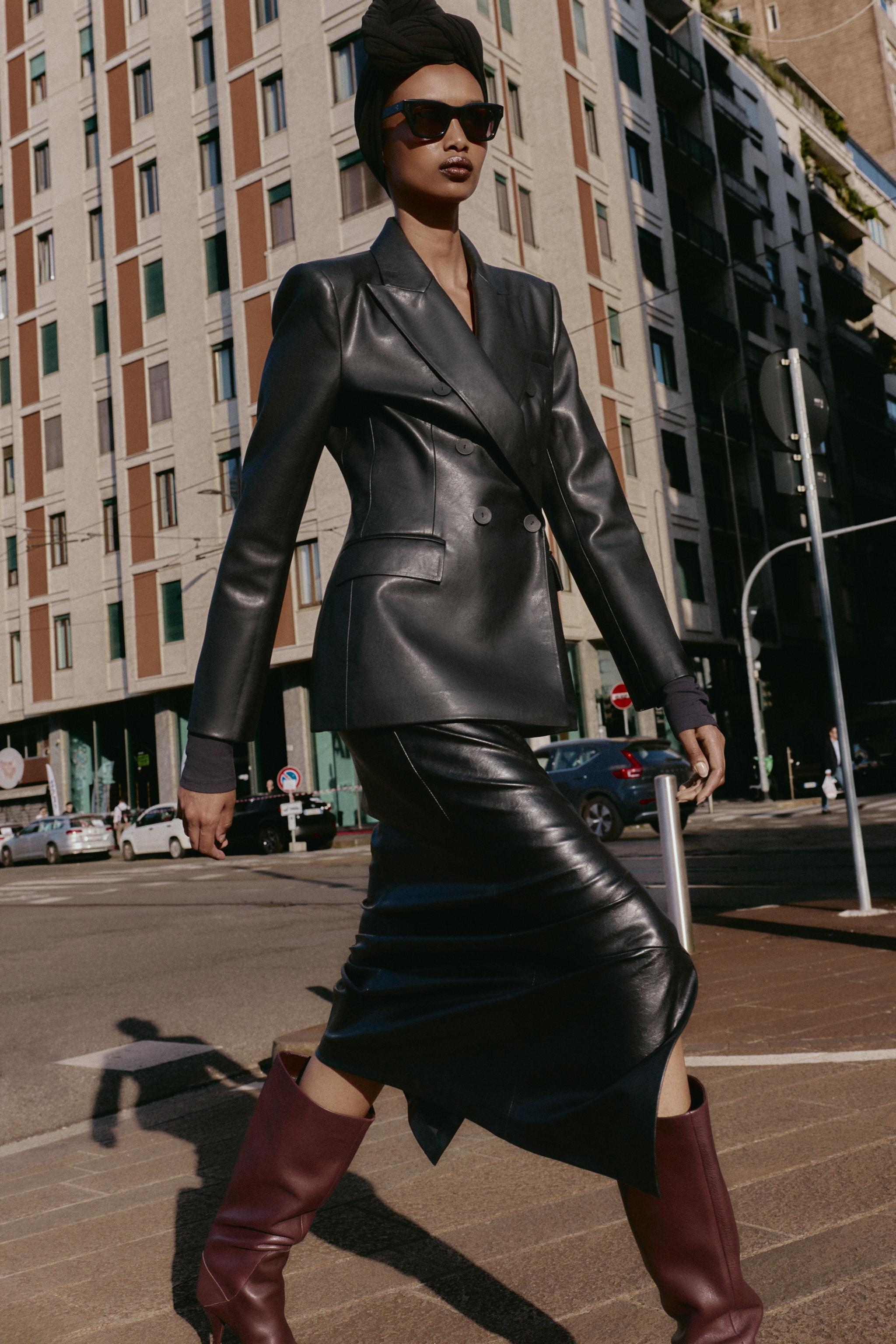 FAUX LEATHER DOUBLE BREASTED BLAZER